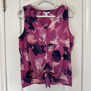 Nine West Tie Front Pink Purple Floral Sleeveless Blouse Top Shirt Size Medium